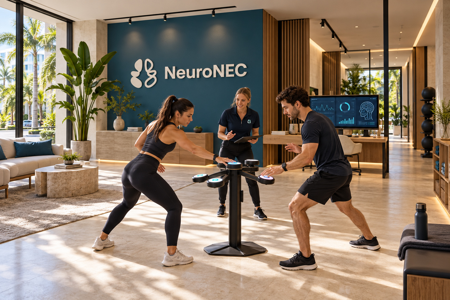 AI-generated concept of two people training on reaction-light panels while a coach observes