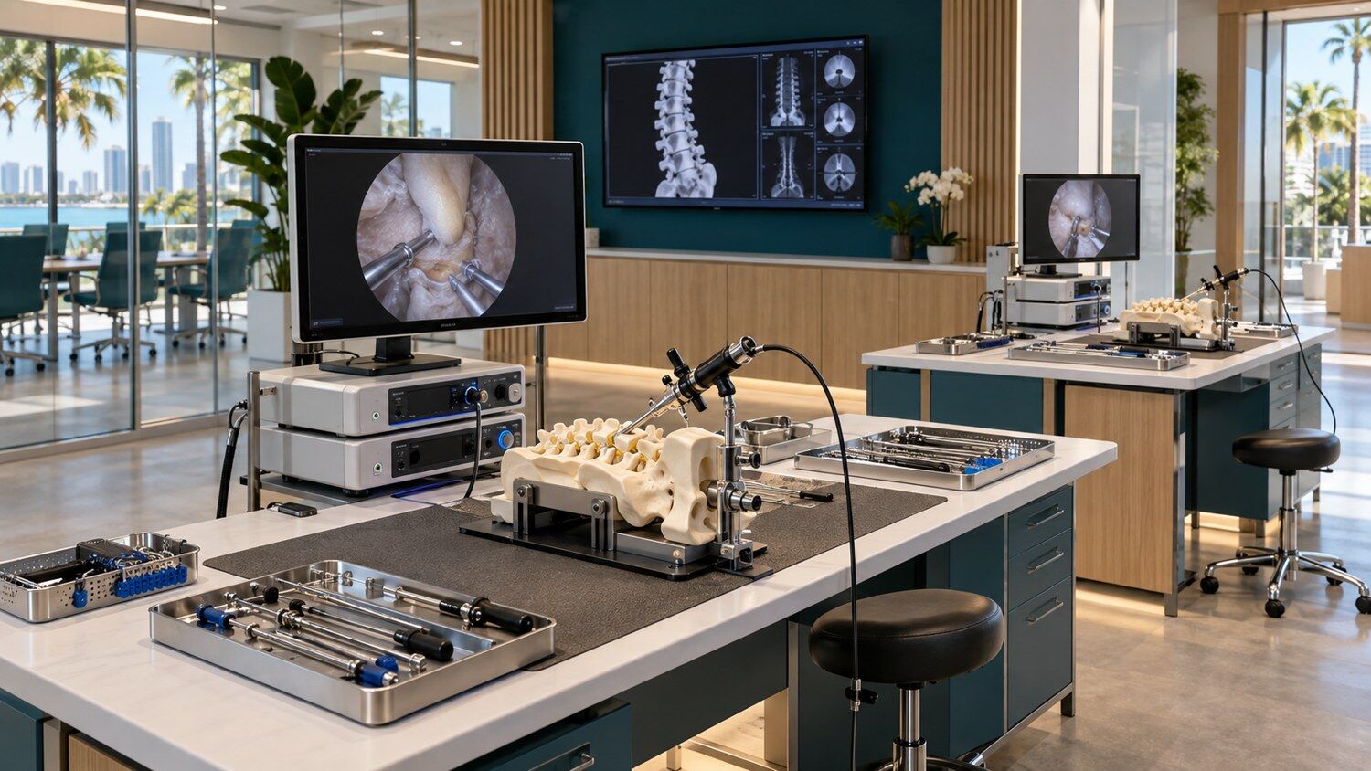 AI-generated concept of the technical simulation room with brain and spine models